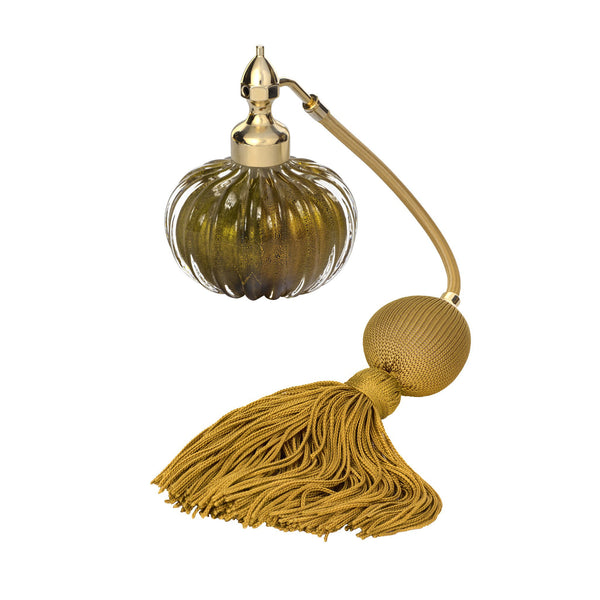 HOME COLLECTION: MURANO GLASS, GOLD PLATED FIZZ BALL MOUNT, BLACK  WITH INSERTED GOLD LEAFS, ONION SHAPE